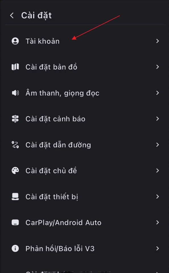 Chọn mục "Tài khoản" trong danh sách