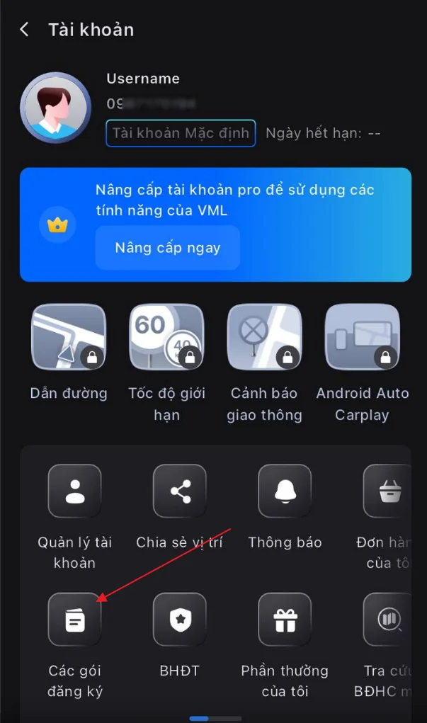 Chọn mục "Các gói đăng ký" (Hình chiếc ví)